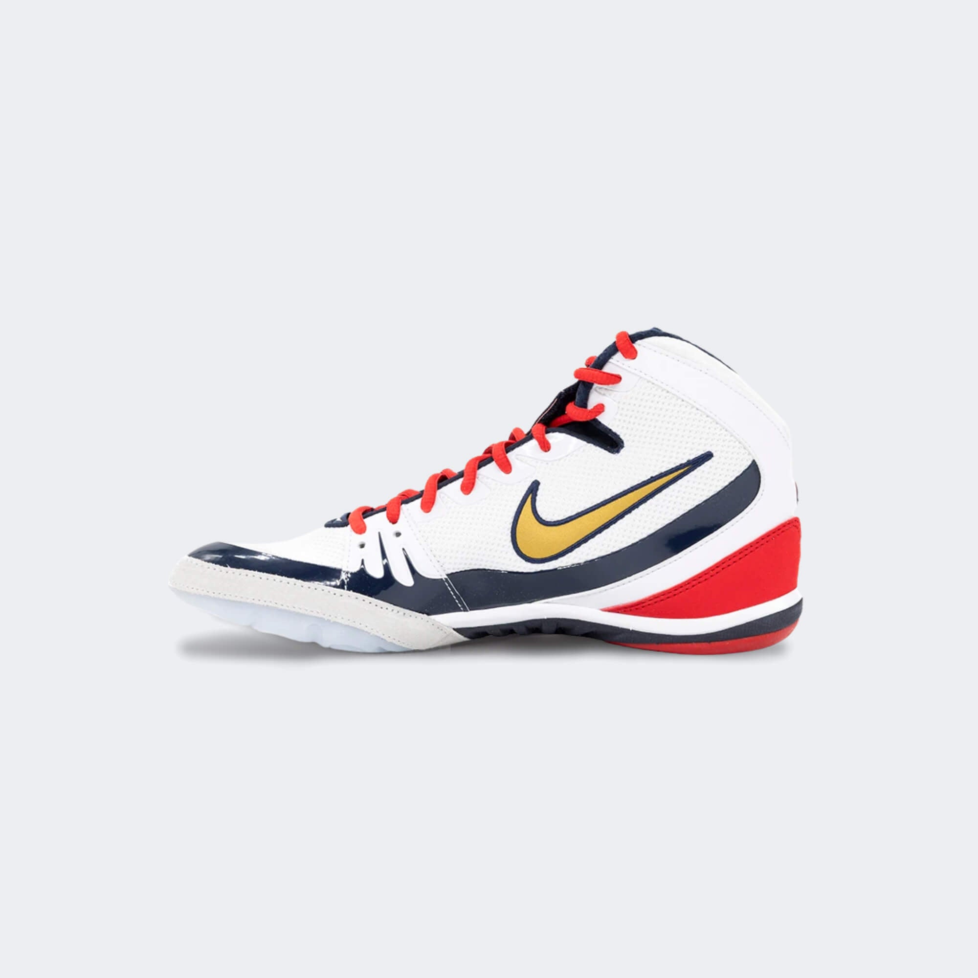 Inner right side view of the Nike Freek wrestling shoe in SE white, available at Combat Corner.