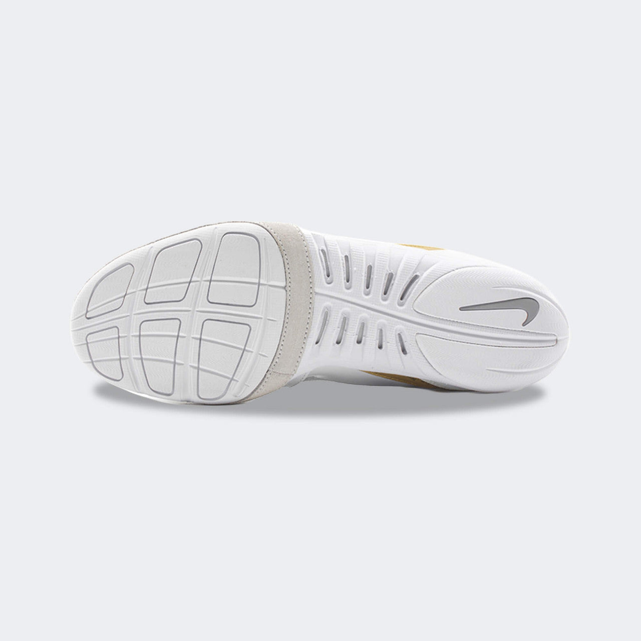 Bottom view showing the rubber outsole and tread pattern of the Nike Freek wrestling shoe in white, available at Combat Corner.