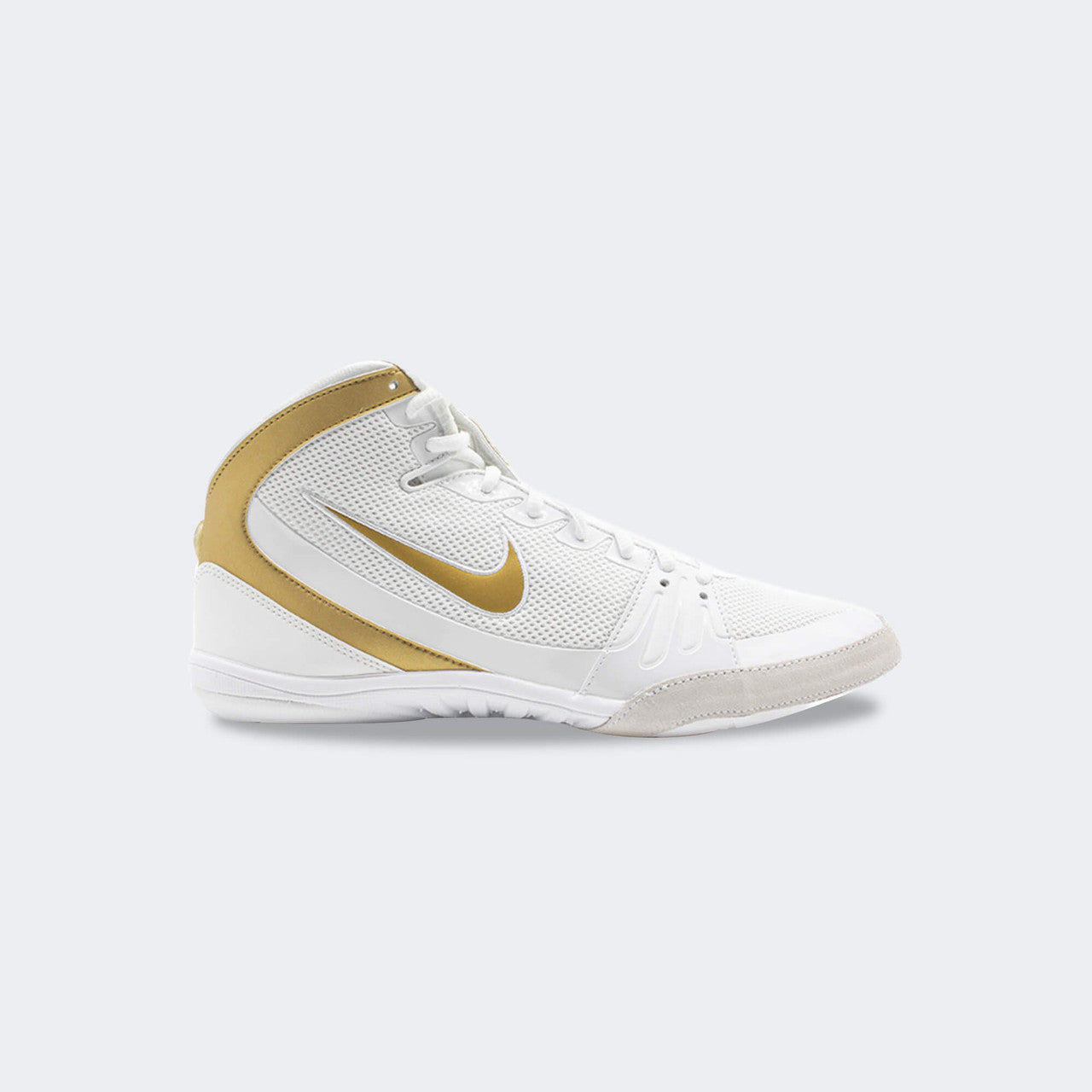 Inner left side view of the Nike Freek wrestling shoe in white, available at Combat Corner.