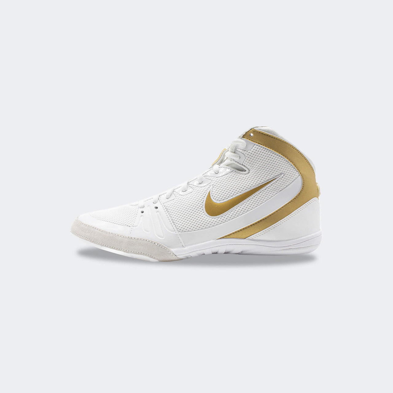 Inner right side view of the Nike Freek wrestling shoe in white, available at Combat Corner.