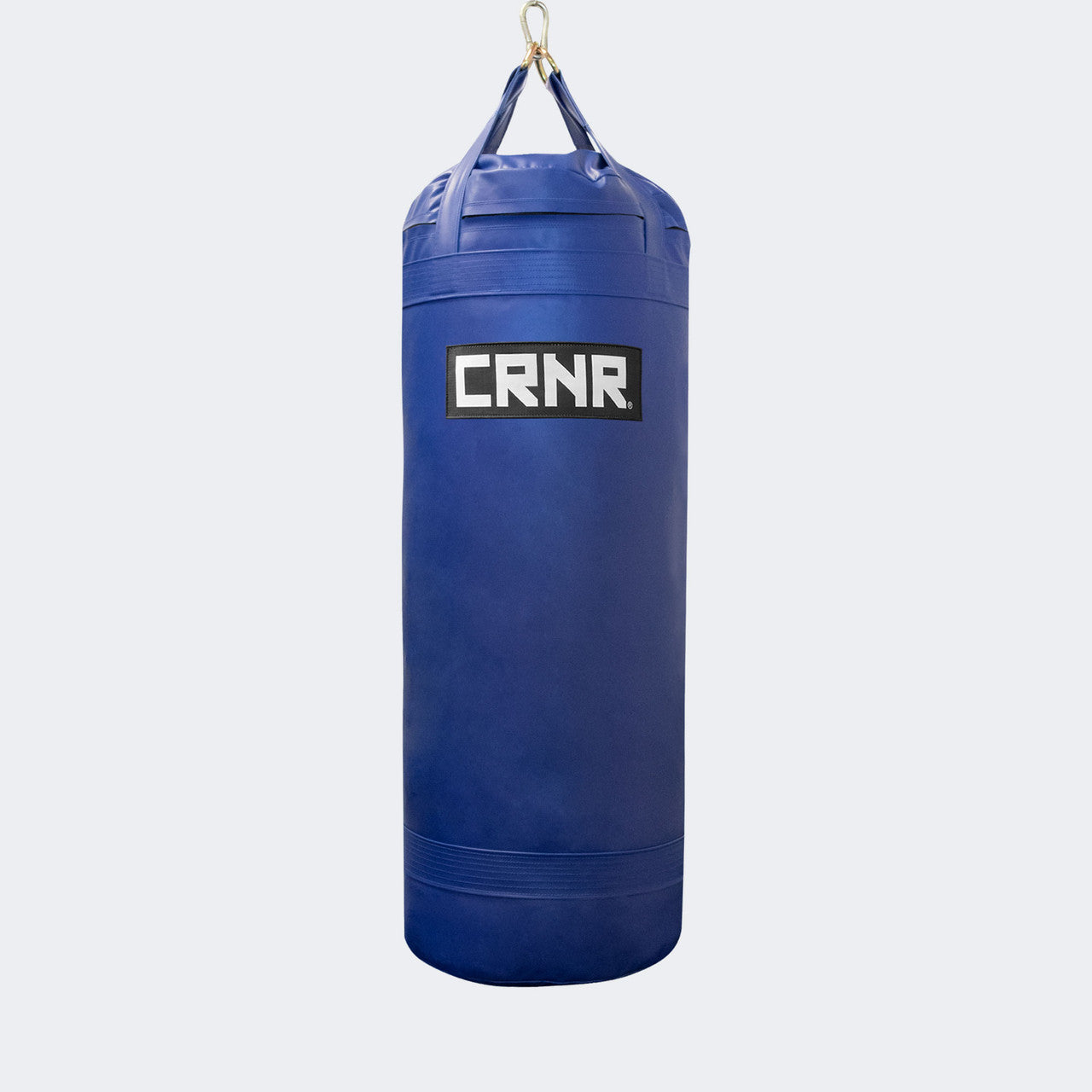 Photo of the front of Combat Corner's blue with black label 150 lbs. Made in the USA Punching Bag.