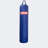 Photo of the front of Combat Corner's blue with red label 6 ft., 150 lbs. Made in the USA Punching Bag.