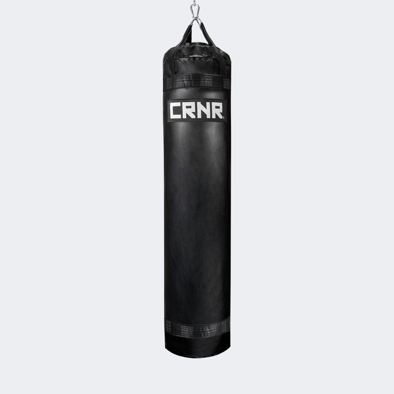 Photo of the front of Combat Corner's black with black label 6 ft., 150 lbs. Made in the USA Punching Bag.