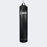 Photo of the front of Combat Corner's black with black label 6 ft., 150 lbs. Made in the USA Punching Bag.