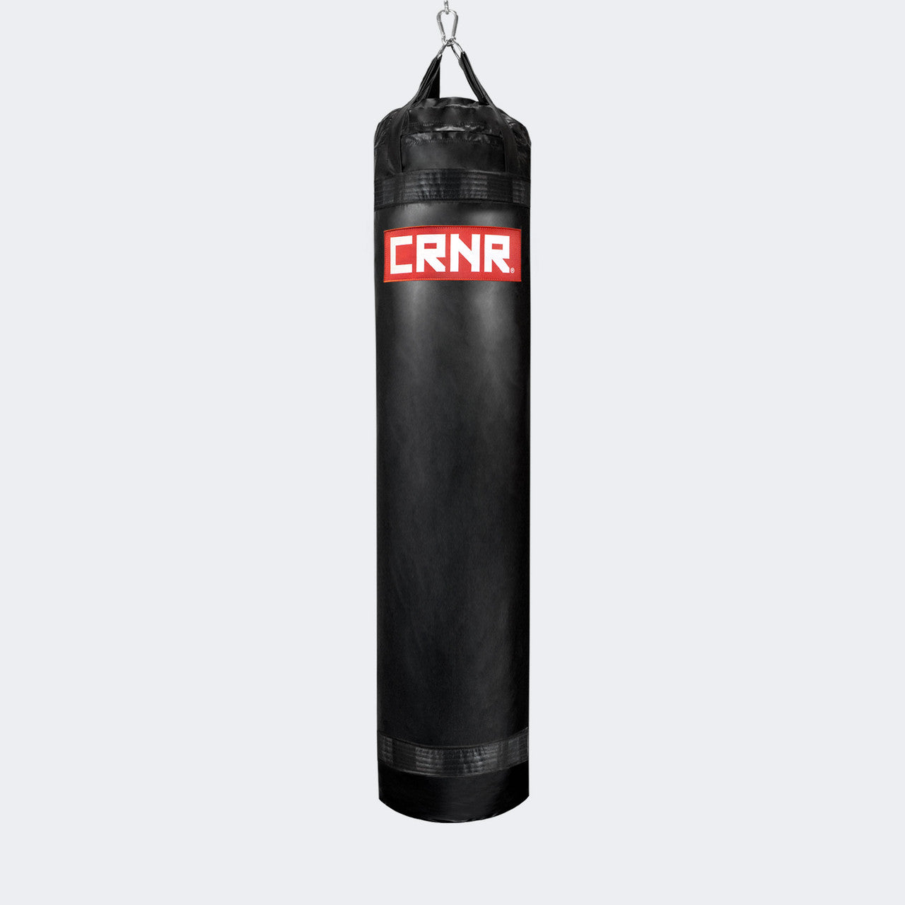 Photo of the front of Combat Corner's black with red label 6 ft., 150 lbs. Made in the USA Punching Bag.