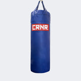 Photo of the front of Combat Corner's blue with red label 80 lbs. Made in the USA Punching Bag.