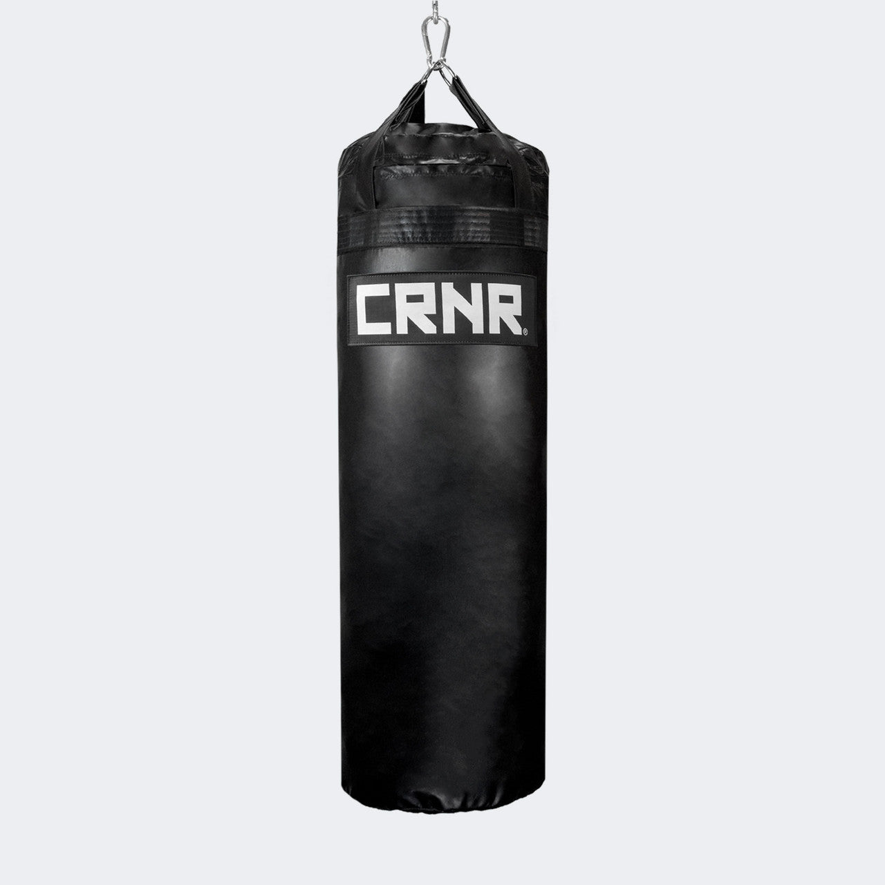 Photo of the front of Combat Corner's black with black label 80 lbs. Made in the USA Punching Bag.