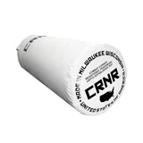 Photo of the bottom of Combat Corner's white with black label 80 lbs. Made in the USA Punching Bag, which shows the under bag specialty Made in Milwaukee CRNR Label.