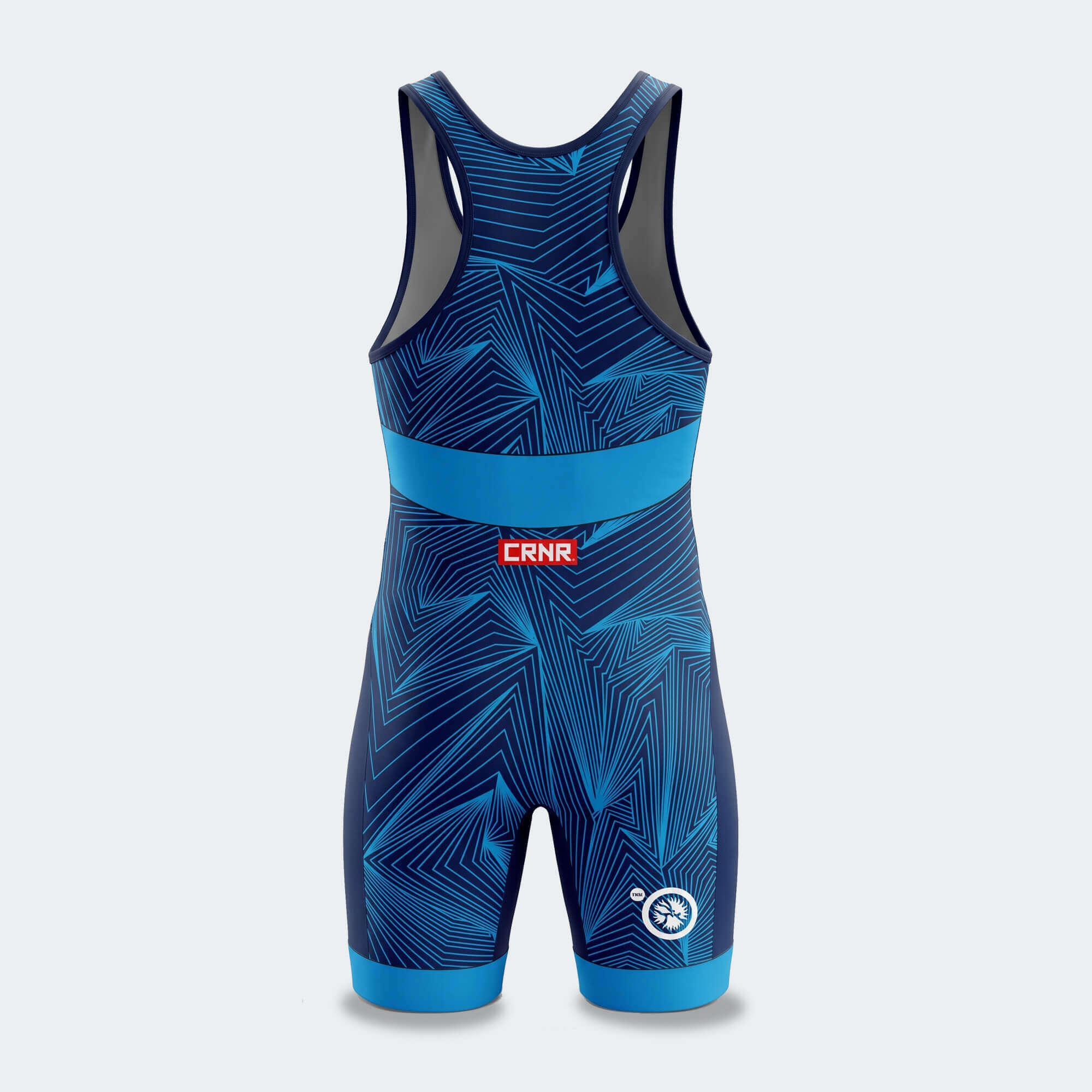 A photo of the back of the blue Hypervent Competition Singlet by Combat Corner.