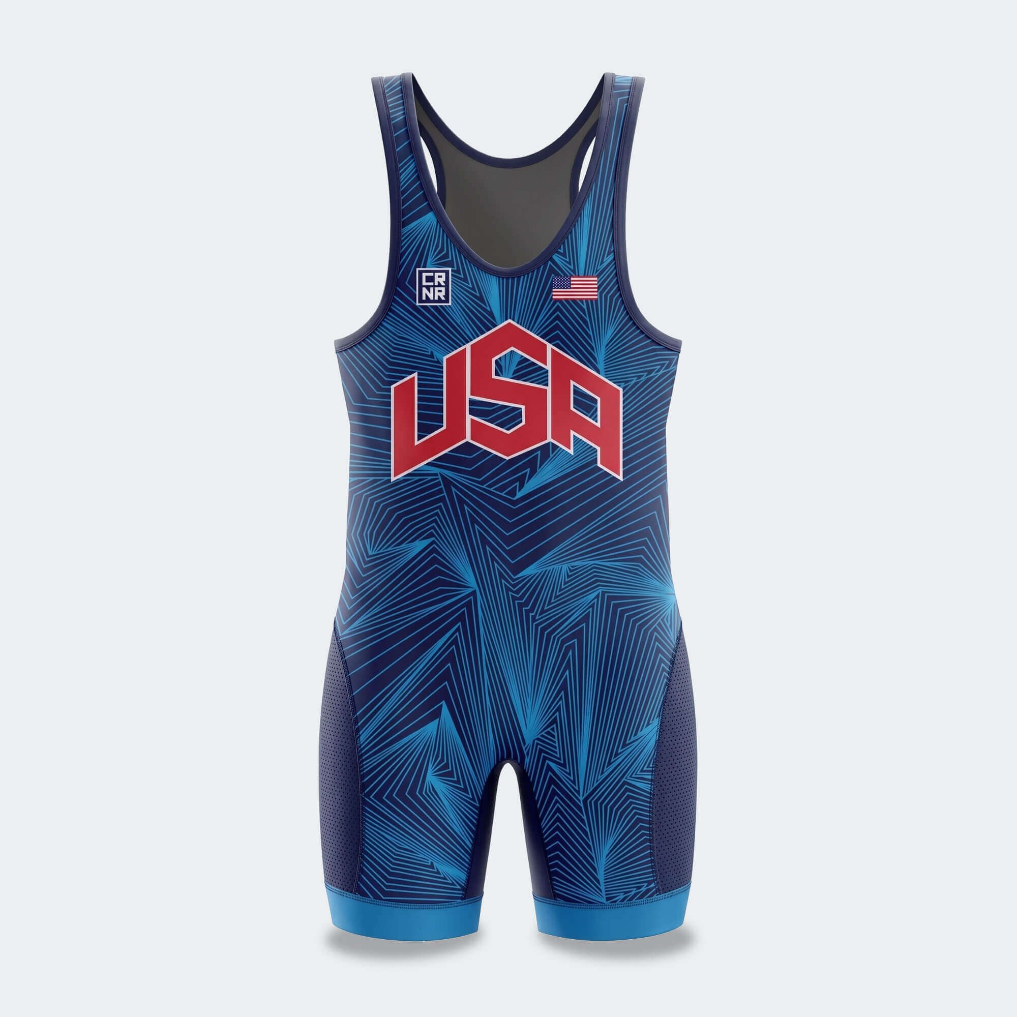 A photo of the front of the blue Hypervent Competition Singlet by Combat Corner.