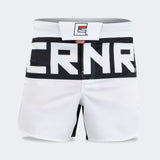 Combat Corner Fight Shorts, White Fight Shorts, MMA Shorts, BJJ Shorts, Hybrid Fight Shorts, CRNR shorts