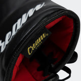 Close up detail photo of the inner scarlet lining of Combat Corner's black Cream TM1 Competition Boxing Gloves, which are Japanese inspired Mexican Boxing Gloves that are hand made in Thailand.