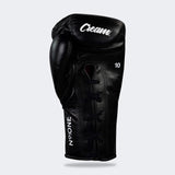 Photo of the bottom palm side of Combat Corner's black Cream TM1 Competition Boxing Gloves, which are Japanese inspired Mexican Boxing Gloves that are hand made in Thailand.