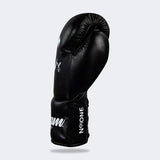 Photo of the left side of Combat Corner's black Cream TM1 Competition Boxing Gloves, which are Japanese inspired Mexican Boxing Gloves that are hand made in Thailand.