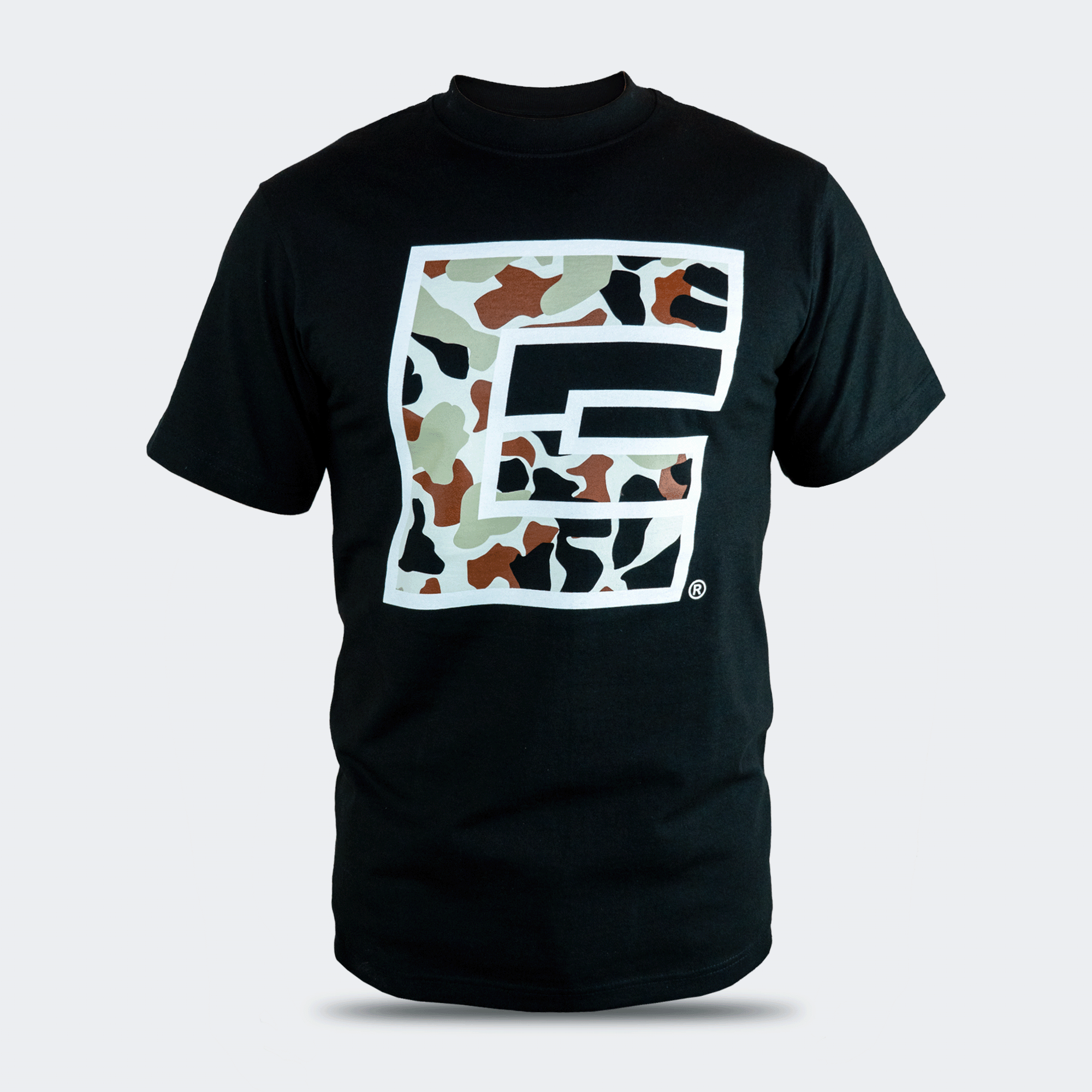 Front view of the Camo Icon T-Shirt by Combat Corner featuring a large camouflage-patterned square icon graphic across the chest.