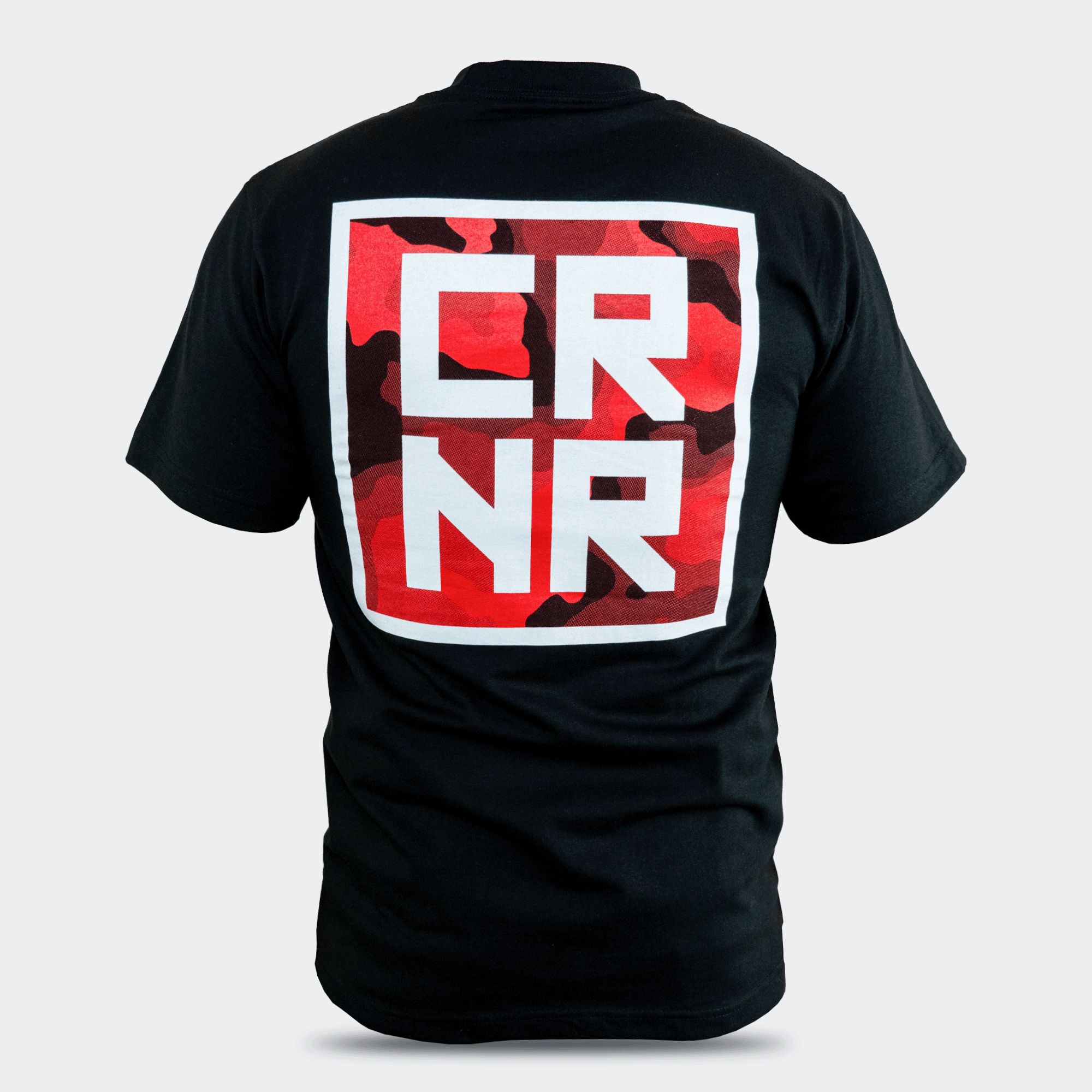 Back view of the Cinder Topo Stacked T-Shirt by Combat Corner, featuring a large red and white square graphic with stacked "CRNR" text.