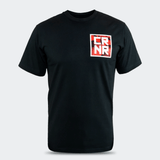 Front view of the Cinder Topo Stacked T-Shirt by Combat Corner, featuring a red and white square graphic on the left chest with stacked "CRNR" text.