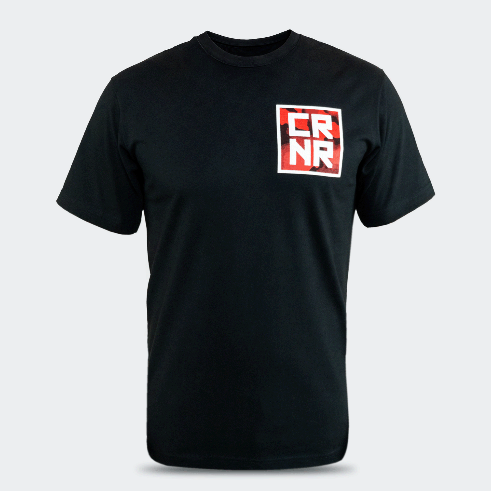 Front view of the Cinder Topo Stacked T-Shirt by Combat Corner, featuring a red and white square graphic on the left chest with stacked "CRNR" text.