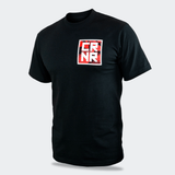 Left front view of the Cinder Topo Stacked T-Shirt by Combat Corner, featuring a red and white square graphic on the left chest with stacked "CRNR" text.