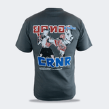 Back view of the Golden Era Thai Boxing charcoal grey crewneck t-shirt by Combat Corner, featuring a bold red, white, and blue graphic of two Thai boxers fighting.