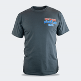 Front view of the Golden Era Thai Boxing charcoal grey crewneck t-shirt by Combat Corner, featuring a red, white, and blue Thai boxing chest graphic.