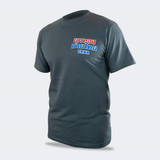 Left front view of the Golden Era Thai Boxing charcoal grey crewneck t-shirt by Combat Corner, featuring a red, white, and blue Thai boxing chest graphic.