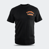 Front view of the Fire Fight T-Shirt by Combat Corner, featuring an arched orange and white graphic on the left chest that reads "Combat Fight Shop Corner".