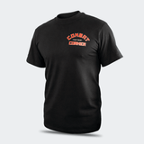 Left front view of the Fire Fight T-Shirt by Combat Corner, featuring an arched orange and white graphic on the left chest that reads "Combat Fight Shop Corner".
