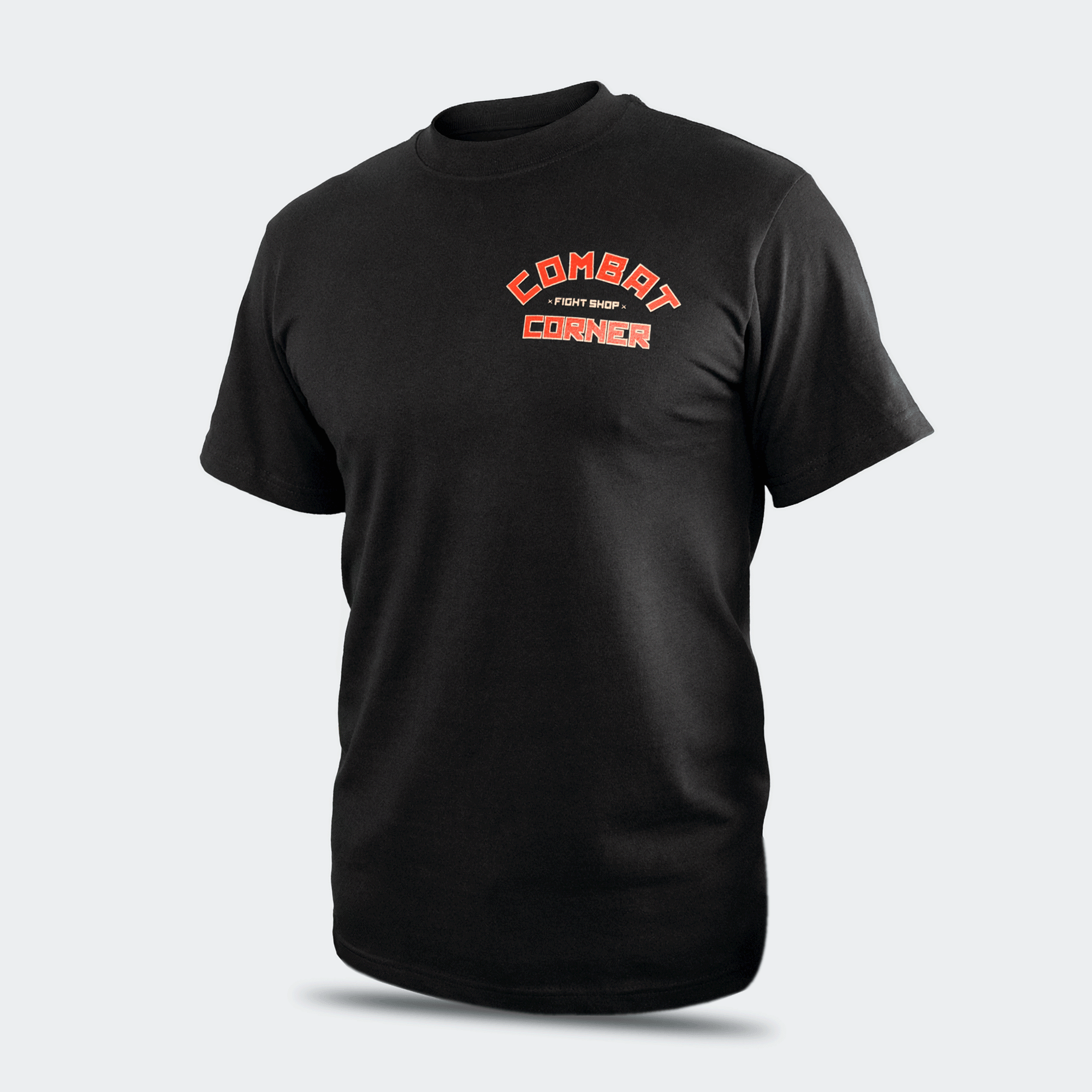 Left front view of the Fire Fight T-Shirt by Combat Corner, featuring an arched orange and white graphic on the left chest that reads "Combat Fight Shop Corner".