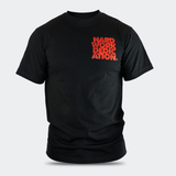 Front studio view of a black Combat Corner HWD Ancient crewneck t-shirt, showcasing a compact red "HARD WORK DEDICATION" graphic printed on the left chest.