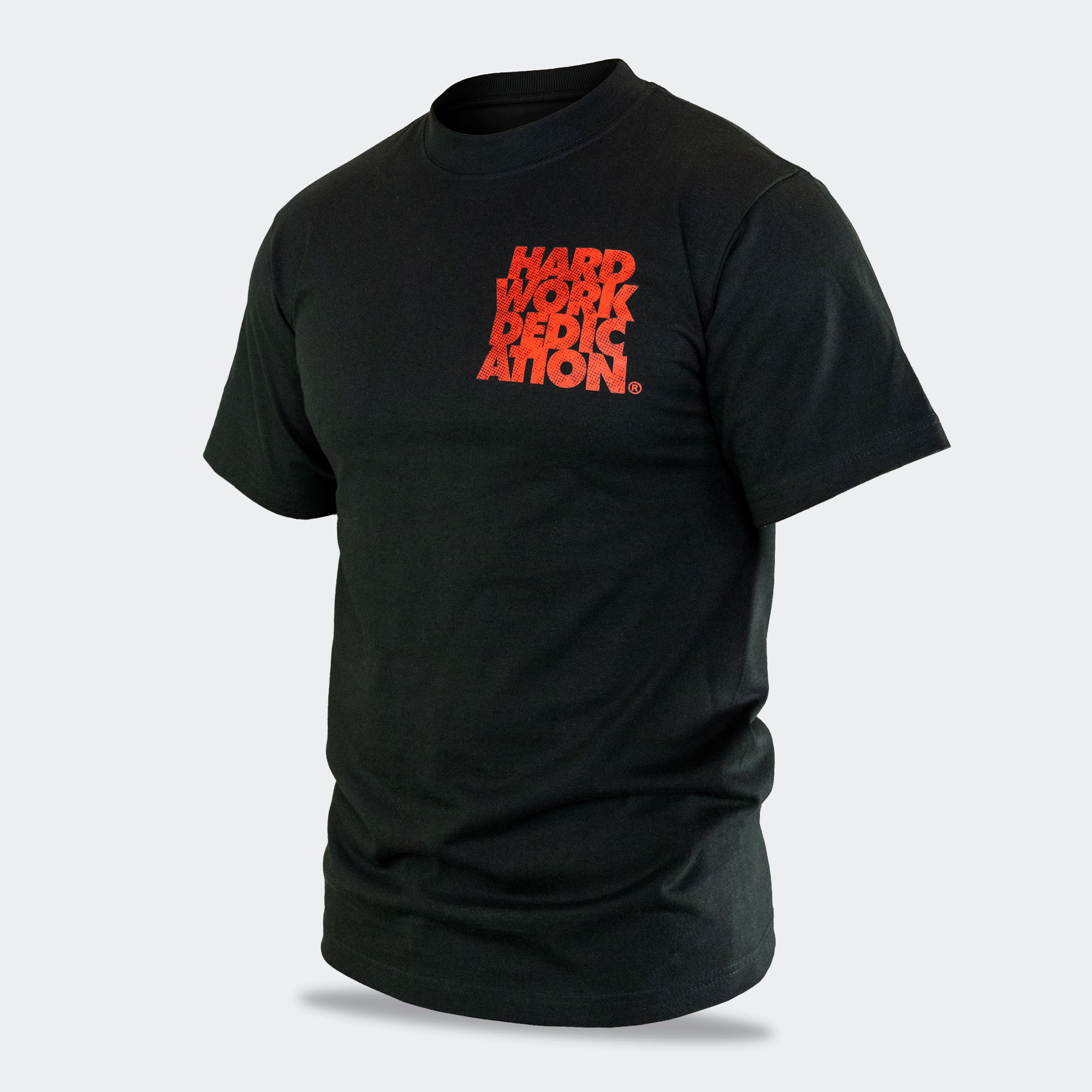 Three-quarters angled studio shot of the black Combat Corner HWD Ancient t-shirt, highlighting its classic crewneck collar structure and standard relaxed athletic fit.
