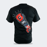 Back view of the JabAll solid black short-sleeve crewneck t-shirt by Combat Corner, featuring a large graphic illustration of a red boxing glove merged with a reciprocating saw power tool.