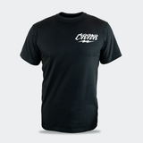 Front view of the JabAll solid black short-sleeve crewneck t-shirt by Combat Corner, featuring a white stylized "CRNR" graphic on the left chest.