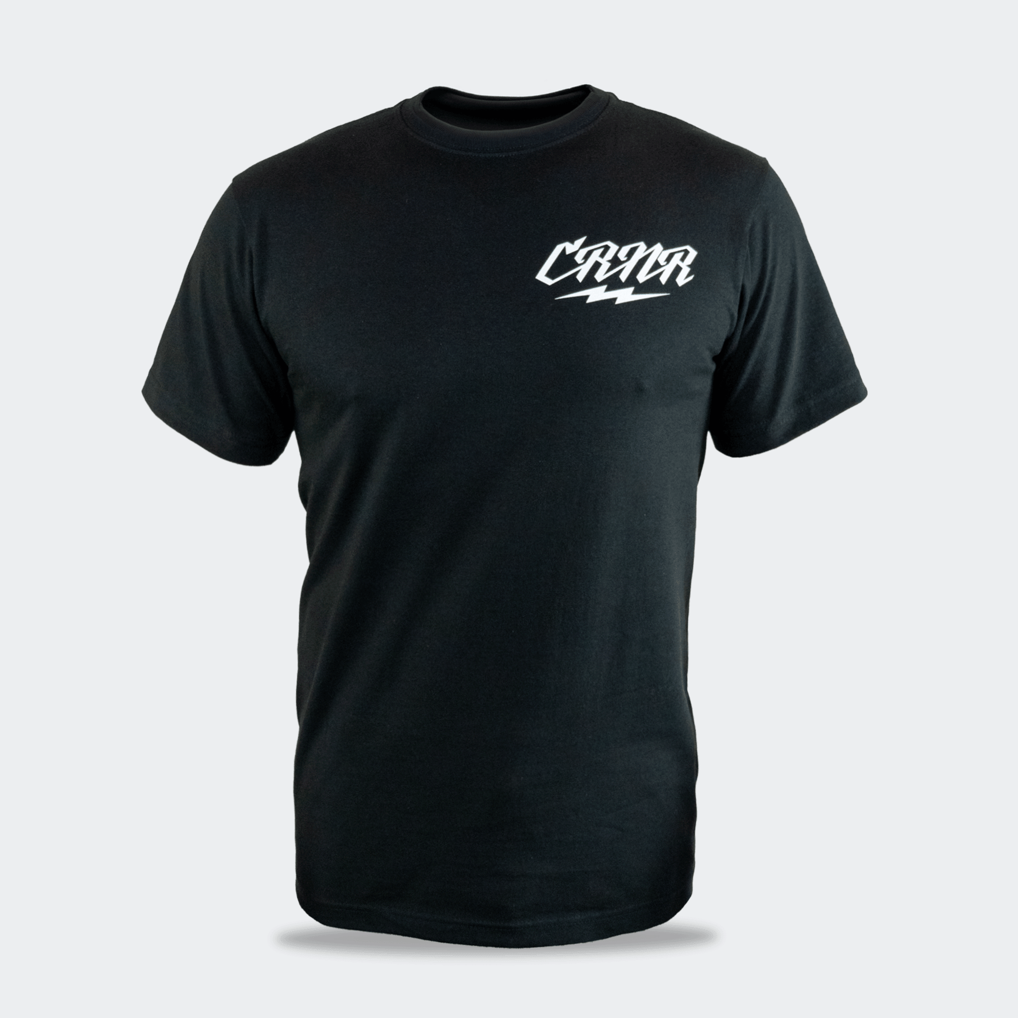 Front view of the JabAll solid black short-sleeve crewneck t-shirt by Combat Corner, featuring a white stylized "CRNR" graphic on the left chest.