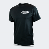 Left front view of the JabAll solid black short-sleeve crewneck t-shirt by Combat Corner, featuring a white stylized "CRNR" graphic on the left chest.