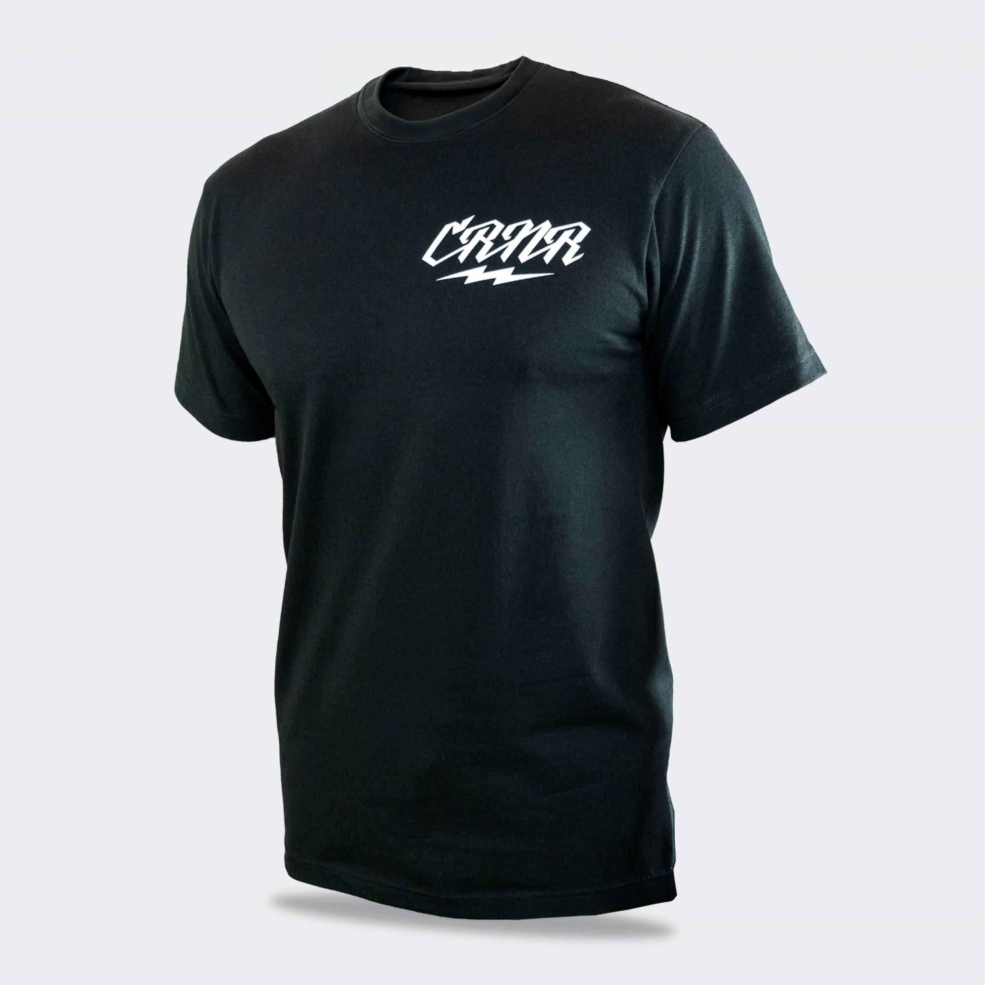 Left front view of the JabAll solid black short-sleeve crewneck t-shirt by Combat Corner, featuring a white stylized "CRNR" graphic on the left chest.