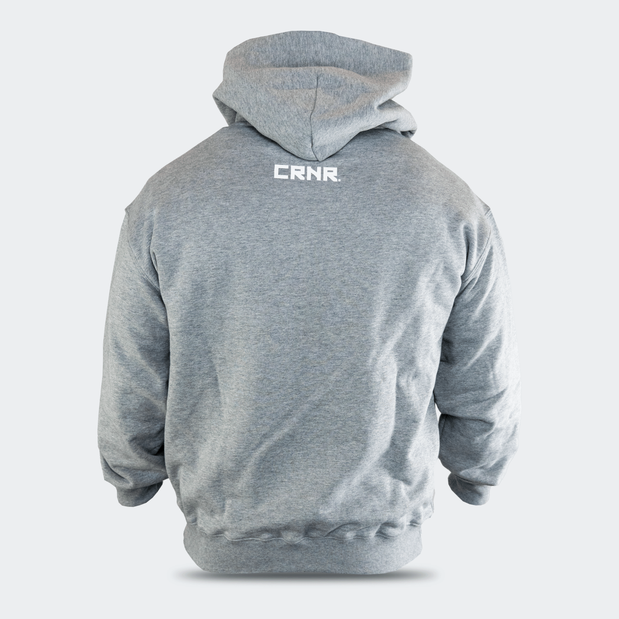 Rear view of a gray Combat Corner USA Muay Thai lifestyle hooded sweatshirt, featuring the white CRNR logo printed high on the center back below the hood.
