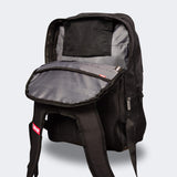 Product photo of the front right angle of the black Combat Corner Vital 30 Training Backpack showing the bag's open storage compartments and pockets