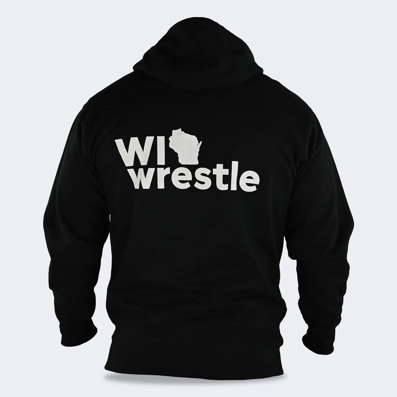 Product photo of Combat Corner’s exclusive WI Wrestle Black Classic Hooded Sweatshirt. This photo shows the back of Combat Corner’s WI Wrestle Black Classic Hooded Sweatshirt. This collab sweatshirt is part of Combat Corner’s sponsorship of WI Wrestle, the number one news source and fan center for Wisconsin wrestling.
