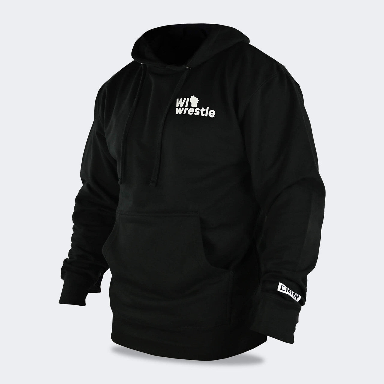 Product photo of Combat Corner’s exclusive WI Wrestle Black Classic Hooded Sweatshirt. This photo shows the front left angle of Combat Corner’s WI Wrestle Black Classic Hooded Sweatshirt. This collab sweatshirt is part of Combat Corner’s sponsorship of WI Wrestle, the number one news source and fan center for Wisconsin wrestling.