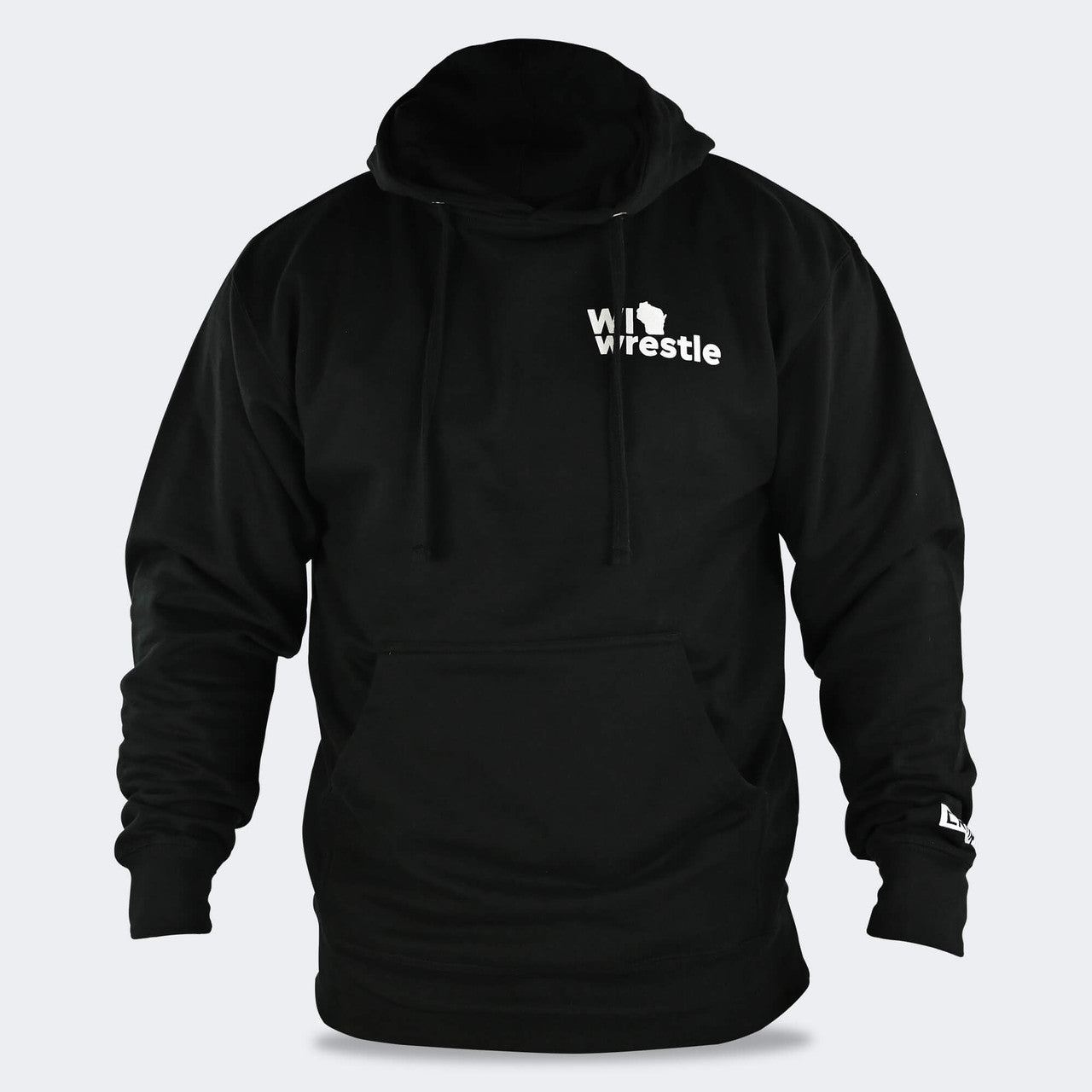 Product photo of Combat Corner’s exclusive WI Wrestle Black Classic Hooded Sweatshirt. This photo shows the front of Combat Corner’s WI Wrestle Black Classic Hooded Sweatshirt. This collab sweatshirt is part of Combat Corner’s sponsorship of WI Wrestle, the number one news source and fan center for Wisconsin wrestling.