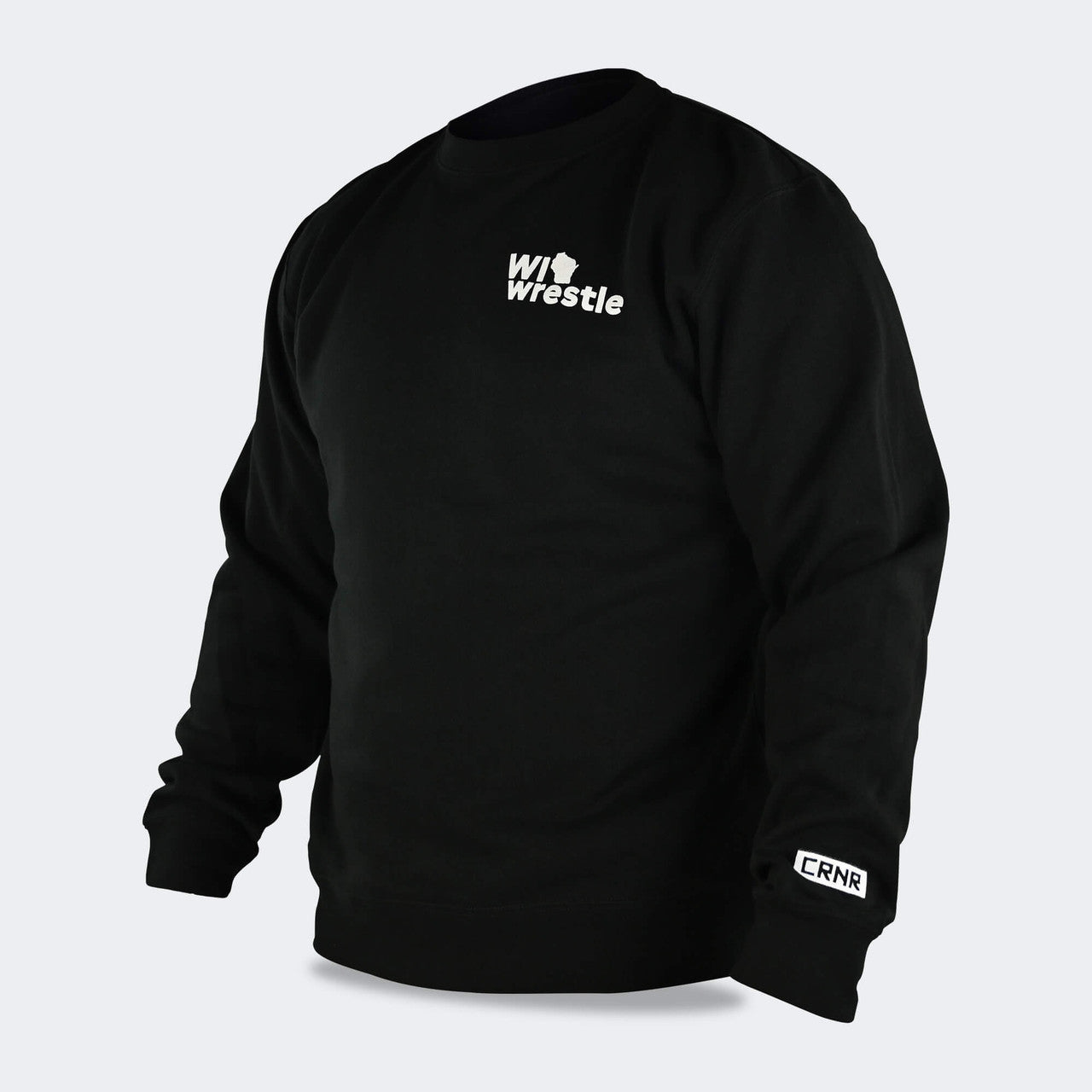 Product photo of Combat Corner’s exclusive WI Wrestle Black Classic Crew Sweatshirt. This photo shows the front left angle of Combat Corner’s WI Wrestle Black Classic Crew Sweatshirt. This collab sweatshirt is part of Combat Corner’s sponsorship of WI Wrestle, the number one news source and fan center for Wisconsin wrestling.