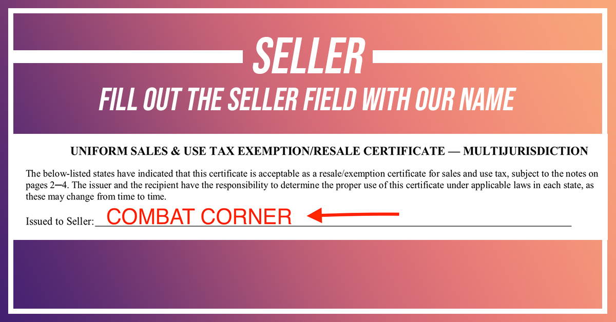 Placeholder document with 'Seller' field and 'Combat Corner' branding on a gradient background