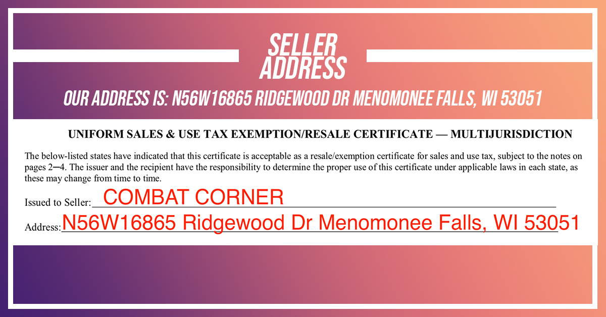 Uniform sales & use tax exemption/resale certificate with seller address and contact information.