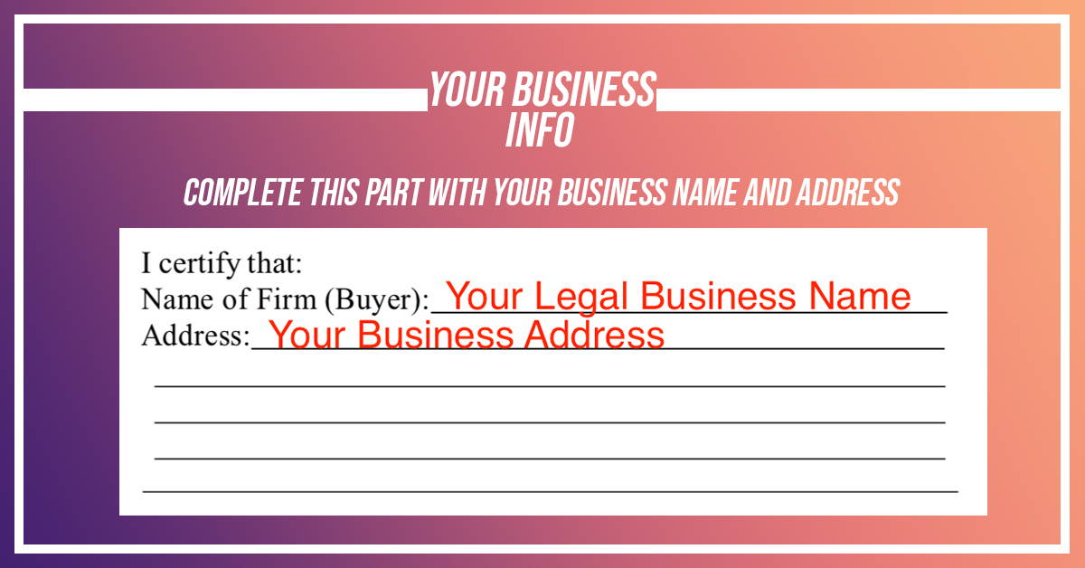 Business information form with fields for business name and address on a gradient background