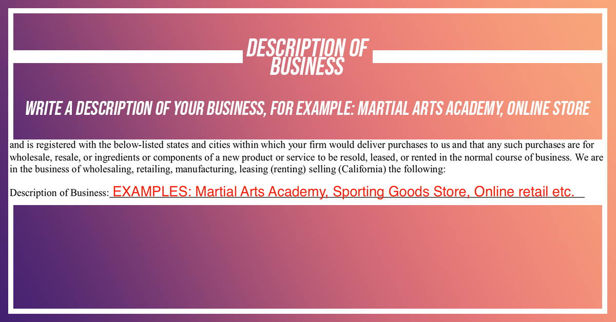 Form for describing a business with text fields and examples.