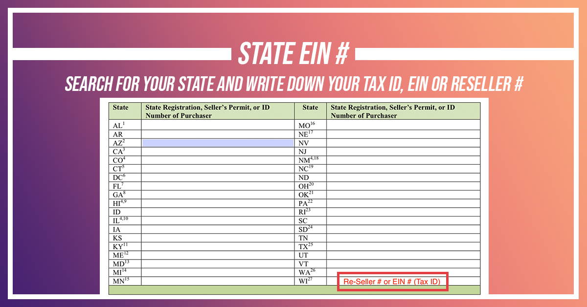 Sheet with a table for searching state EIN numbers on a colorful background
