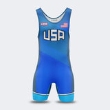 Product photo of Combat Corner’s premium Blue USA Wrestling Singlet. This photo shows the front of Combat Corner’s USA Blue Singlet. This USA Blue Singlet is part of Combat Corner’s Competition Singlet Series and is fully UWW Compliant to give you champion performance in Freestyle and Greco-Roman wrestling.