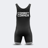 Product photo of Combat Corner’s premium C Wrestling Singlet. This photo shows the back of Combat Corner’s Black C Singlet. This Black C Singlet is part of Combat Corner’s Collegiate Singlet Series and gives you champion performance in Folkstyle wrestling. Plus, this singlet serves all wrestling athletes. This singlet is designed for kids to adults and for men and women.